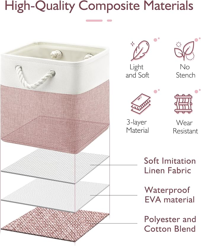 Patvingot 13-Inch Fabric Cube Storage Bins with Handles,4 Pack,Foldable | For cube shelves and closets,keeps grouped for everyday access,reinforced opening and fold-flat storage,white and pink