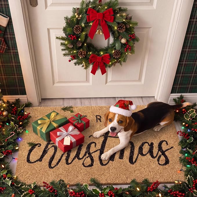 Ceenna Merry Christmas Coir Doormat Outdoor Christmas Welcome Door Mat Non Slip Floor Mats Xmas Mat Indoor Entrance Door Porch Front Decor, 16 x 28 Inch