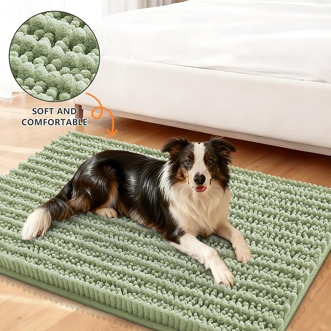 Smiry Dog Door Mat for Muddy Paws 47x32, Absorbent Dirt Trapper, Non-Slip Washable Chenille Entryway Rug for Inside Floor, Sage Green, Layered Pattern
