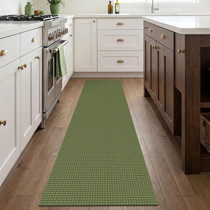 IOHOUZE Washable Runner Rug 2x8 Non Slip Rubber Backed Hallway Runner Entryway Runner Indoor, Kitchen Rugs Woven Cotton Floor Carpet for Kitchen Hall Entrance Bedroom, Olive Green/Earthy Green