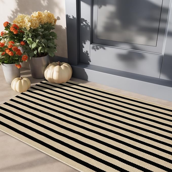 LEEVAN Black and White Outdoor Rug 2x4.3, Outside Entrance Door Mat, Washable Welcome Layering Rugs Farmhouse Front Porch Mats Outside Striped Layered Front Doormat for Porch/Entryway