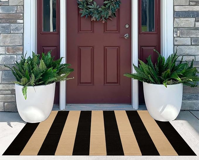 Striped Layering Rug 27.5"x43",Black and Tan Farmhouse Front Porch Mat Cotton Woven Washable Entryway Rug Indoor Outdoor Front Door Mat for Porch/Entryway/Home Entrance Decor