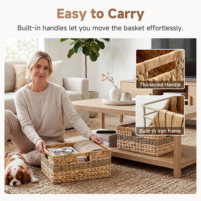StorageWorks Jumbo Rectangular Wicker Basket, Water Hyacinth and Seagrass Storage Basket with Built-in Handles, 1 Pack | Woven Storage Baskets Water Hyacinth Seagrass,Large Seagrass Basket,Wicker Storage Baskets for Shelves,Woven Baskets