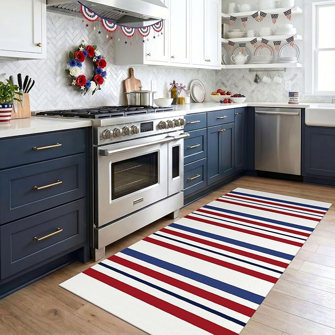 KOZYFLY 250th Anniversary Patriotic Doormat Blue Red White Striped Rug 3x5 ft Front Door Rugs 4th of July Memorial Day Welcome Woven Washable Outdoor Rug for Front Porch Patio Independence Day Decor