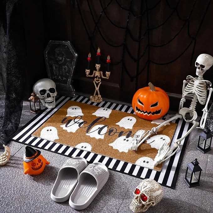 Tinideya 2 Pcs Halloween Door Mat Outdoor Cute Ghost Welcome Doormat for Front Door Non Slip Layered Ghost Coir Floor Mat Black White Stripe Halloween Rug for Outside Front Porch Entryway Decor