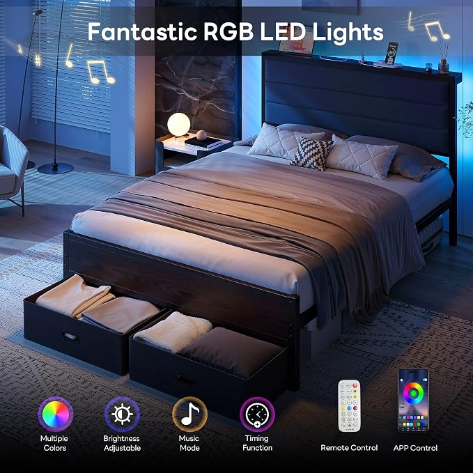 LIKIMIO Full Size Bed Frame with 2 Storage Drawers, Upholstered Headboard | Full Platform Bed Frame with Charging Station & LED Lights, Modern Style, Noise Free, No Box Spring Needed, Black and Grey