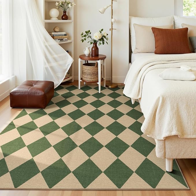 Lessymo Checkered Easy Jute 5x7 Rugs, Washable Patio Rug for Living Room | Farmhouse Indoor Outdoor Area Rug, Non Slip Carpet for Bedroom Backyard Dining Room, Geometric Diamond Green/Beige