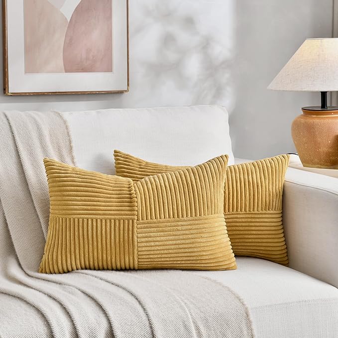 Fancy Homi 2 Packs Mustard Yellow Lumbar Decorative Throw Pillow Covers 14x24 Inch for Couch Bed, Rustic Farmhouse Boho Home Decor, Soft Striped Corduroy Rectangle Accent Cushion Case