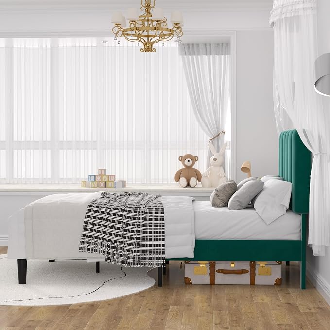 VECELO Twin Size Bed Frame with Upholstered Headboard, Velvet Platform Bedframe Mattress Foundation, Strong Wood Slat Support, No Box Spring Needed,Green