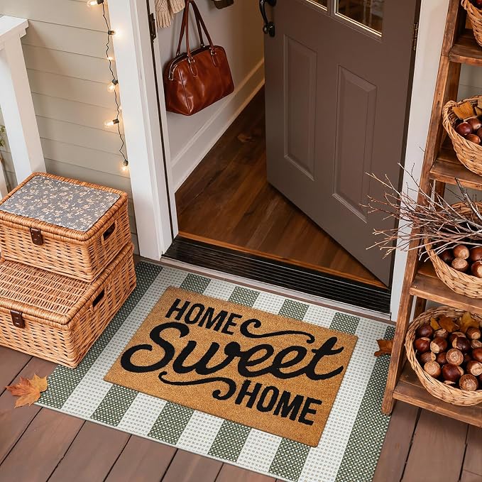 Green and White Striped Rug-2x3 Front Door Mat Outdoor,Washable Reversible Porch Rug Cotton Hand-Woven Spring Doormat, Foldable Layered Door Mats for Entryway/Farmhouse