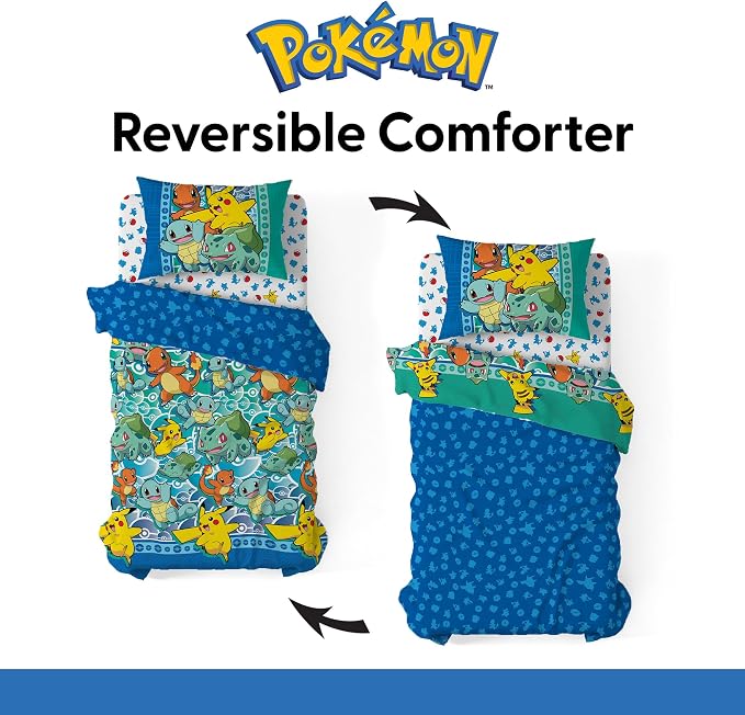 Northwest Pokemon First Starters Twin Size Bed in a Bag Set, Pikachu Charmander Squirtle Bulbasaur, Kids Boys Girls Bedding Comforter Sheets