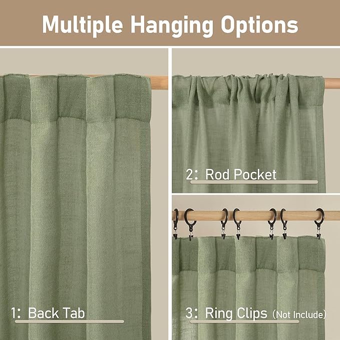 LAMIT Sage Green Linen Curtains 24 Inch Length, Semi Sheer Light Filtering Window Panels Back Tab and Rod Pocket Drapes for Basement/Small Windows, 25 x 24 Inch, 2 Panels