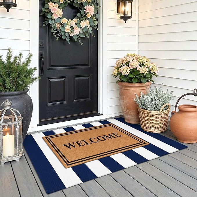 KOZYFLY Striped Rug 2.3x3.6 ft Navy White Front Door Rugs Cotton Woven Washable Indoor Outdoor Rug for Entryway Porch Kitchen Patio Decor Striped Layered Doormats