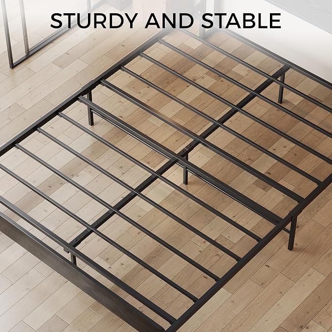 LIKIMIO Queen Bed Frame with 2-Tier Storage Shelf Headboard | Dark Wood Platform Bed, Camas Queen with Strong Metal Supports, Sturdy, Noise-Free, No Box Spring Needed, Black