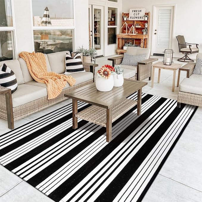 OJIA Outdoor Rugs 5'x7' Patio Rug Washable Carpet Black & White Camping Rug | Machine Washable Outdoor Rug Cotton Woven Area Rug Farmhouse Indoor Carpet for Front Door/Porch/Deck/Backyard/Balcony Decor