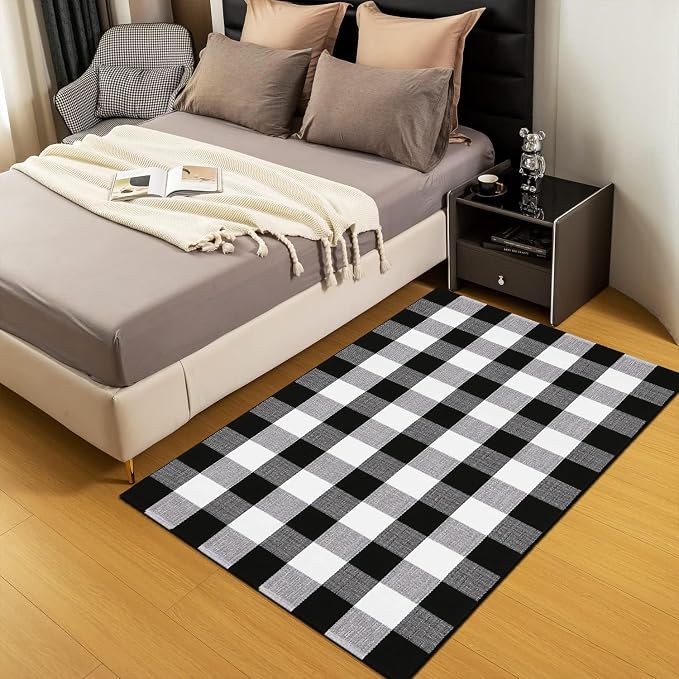 Buffalo Plaid Rug 3'x5' Black and White Checkered Rug Front Door Mat Outdoor Cotton Washable Front Porch Rug Layered Doormats for Front Porch/Farmhouse/Entryway