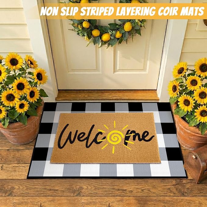 2 Pcs Summer Welcome Door Mat Set, Welcome Sun Decorative Front Door Mat and Buffalo Plaid Rug, Washable Entryway Rug for Outdoor Indoor Home Farmhouse Porch Decor, 16x24 and 24x32 Inch
