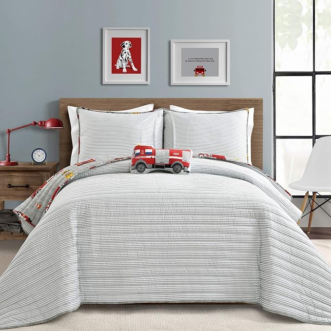 Lush Decor Fire Truck Quilt 3 Piece Set, Twin, Red & Gray - Reversible Stripe Print Toddler Bedding Set for Kids Room
