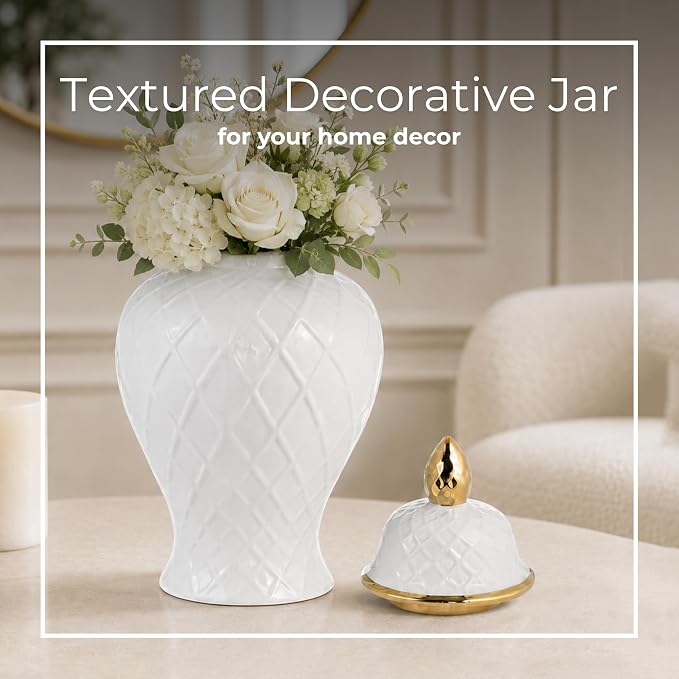 Decorative Ceramic Vase with Lid for Living Room and Home Decor - Elegant Flower Vase Accent for Room, Bedroom, or Office Display - Sculpted Table Accent for House Decoration - 20", White & Gold