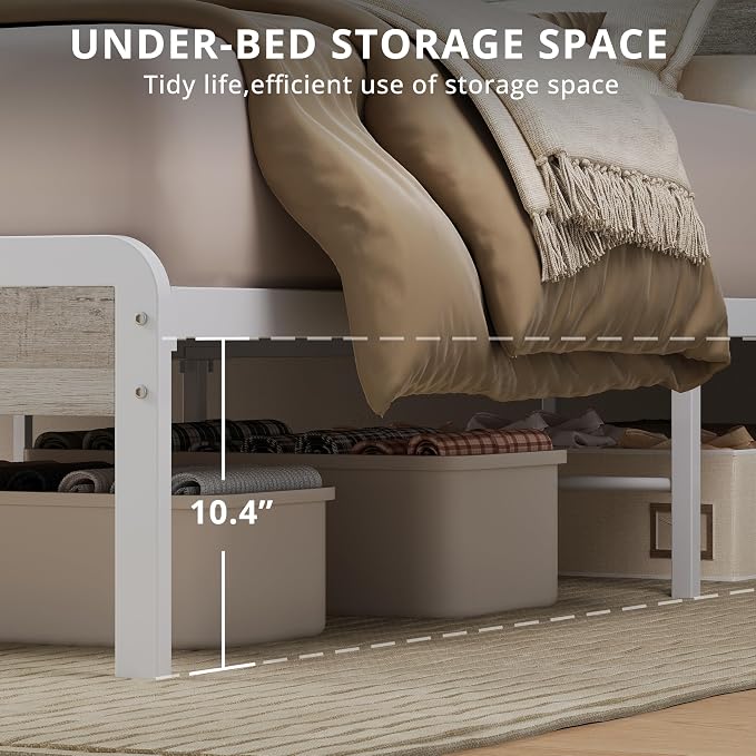 LIKIMIO King Size Bed Frame with 2-Tier Storage Shelf Headboard | Wood Platform Bed, Camas King with Strong Metal Supports, Sturdy, Noise-Free, No Box Spring Needed, White Maple