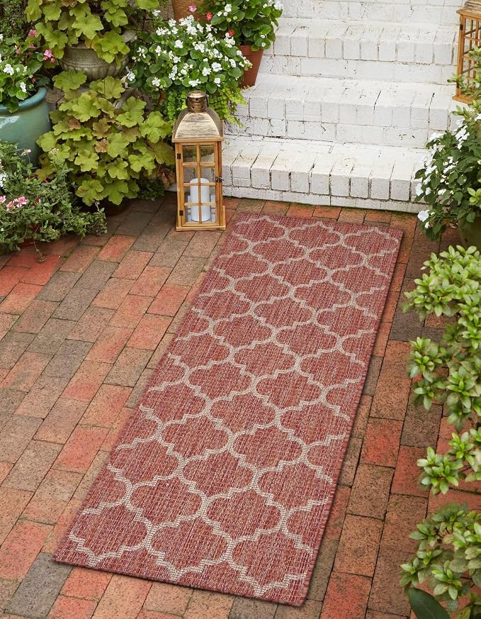 Unique Loom Outdoor Trellis Collection Area Rug (2' 7" x 10' Runner Rust Red/Ivory)