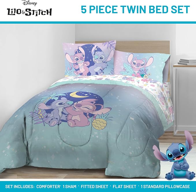 Disney Lilo & Stitch Twin Comforter Set, 5 Pc Bed in a Bag, Reversible | Stitch & Angel, Super Soft Microfiber, Machine Washable, All Season Kids Girls Bedding (Officially Licensed)
