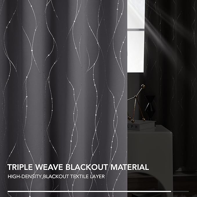 Deconovo Short Curtains Grey, Blackout Kitchen Curtain, Thermal Insulated Soundproof Drapes, Wave Dots Foil Print, 38 x 36 Inches, 2 Panels, Machine‑Washable Privacy Window Panel for Small Windows