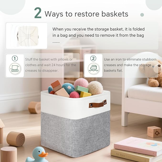 FinishingBo 11 inch Cube Storage Bin 6 Pack, Cube Organizer Bins | Fabric Storage Bins With Handles, 11x11 Storage Cubes, Shelf Basket, White/ Gray