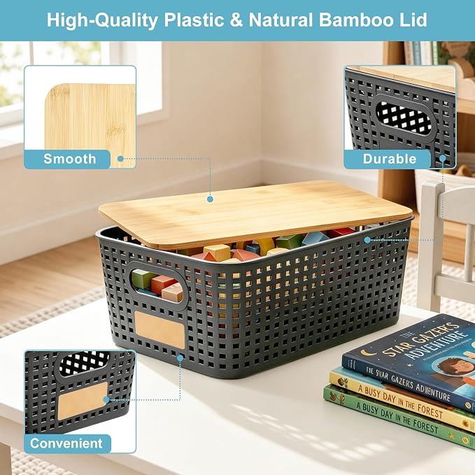 Bagnizer Small Plastic Storage Bins with Bamboo Lids 5.2qt Stackable Box Basket Pantry Decorative Containers Cute with Lable for Organizing Desktop Closet Office Gray of 6 packs 10 * 7.2 * 4.1"