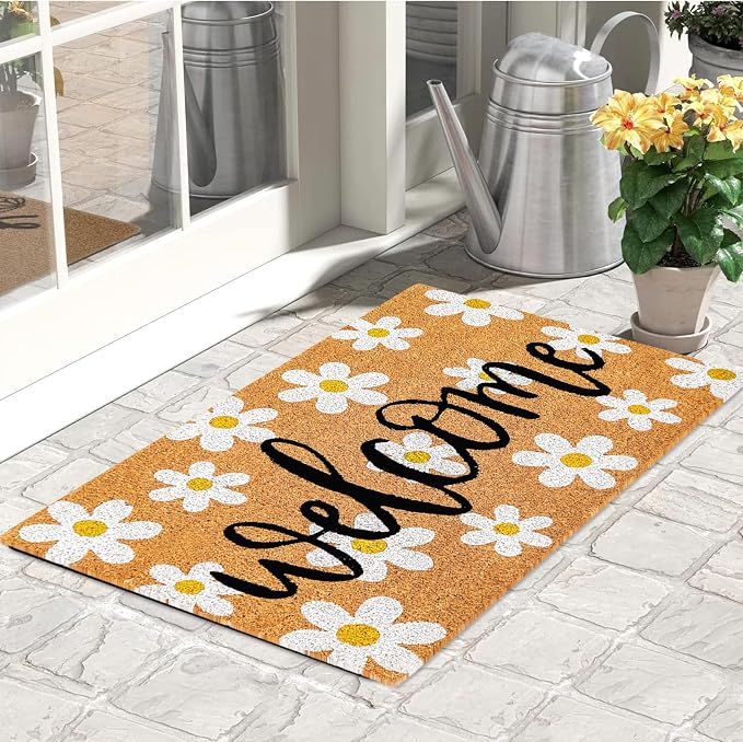 JarThenaAMCS Spring Flower Welcome Doormat Daisy Natural Coir Door Mat Non-Slip Floral Entrance Door Rugs for Indoor Outdoor Home Bathroom Decor, 16.5 x 29 Inch