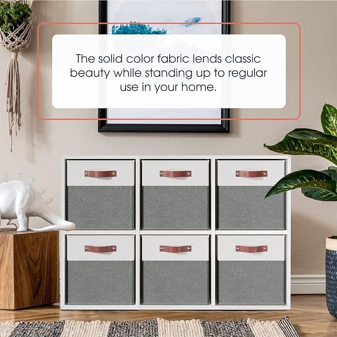 Ornavo Home 13x15x13 Foldable Fabric Storage Cube Bins, 6 Pack, White/Gray | Collapsible Linen Shelf Basket Organizer; Leather Handles; Fits Cube Storage Shelving Units
