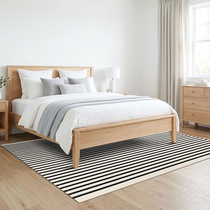 KILOCOCO Beige Striped Rug 5x7 Area Rugs for Living Room Washable Porch Rug | Machine Washable Front Door Rug, Cotton Outdoor Rugs, Low Pile Bedroom Rug, Woven Layered Rugs for Patio Dining Room