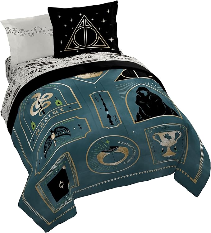 Harry Potter Queen Comforter Set 7 Piece Soft Fantasy Bedding, Blue | Deathly Hallows, Bed in a Bag, Comforter Sheets Shams Pillowcases, Official Product, Soft Microfiber, Machine Washable, Gift
