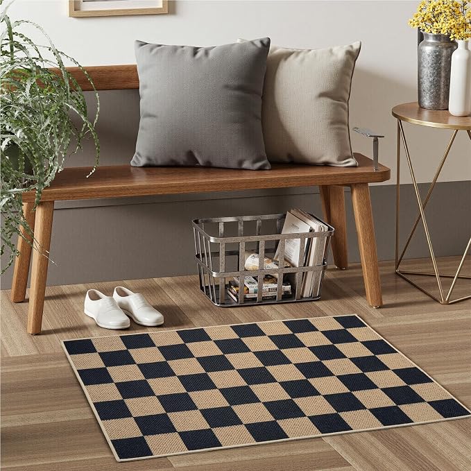 EDIMENS Checkered Easy Jute 2x3 Entryway Rugs Front Door Mat Entry Rug | Non Slip Small Area Rug Kitchen Mat Checkered Rug Farmhouse Low Pile Washable Black Indoor Outdoor Doormat for Porch Doorway