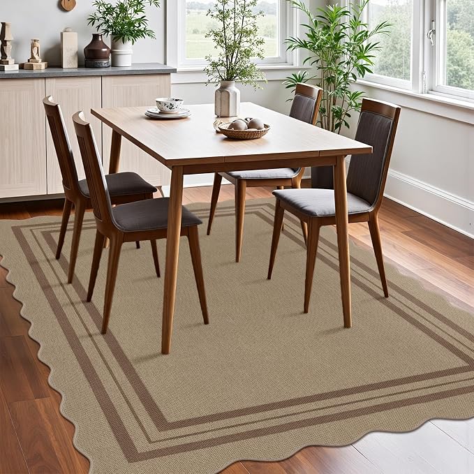 Scalloped 5x7 Rug for Living Room, Easy Jute Washable Outdoor Patio Carpet, Farmhouse Indoor Brown Geometric Rug Neutral Non Slip Carpet for Living Room Backyard