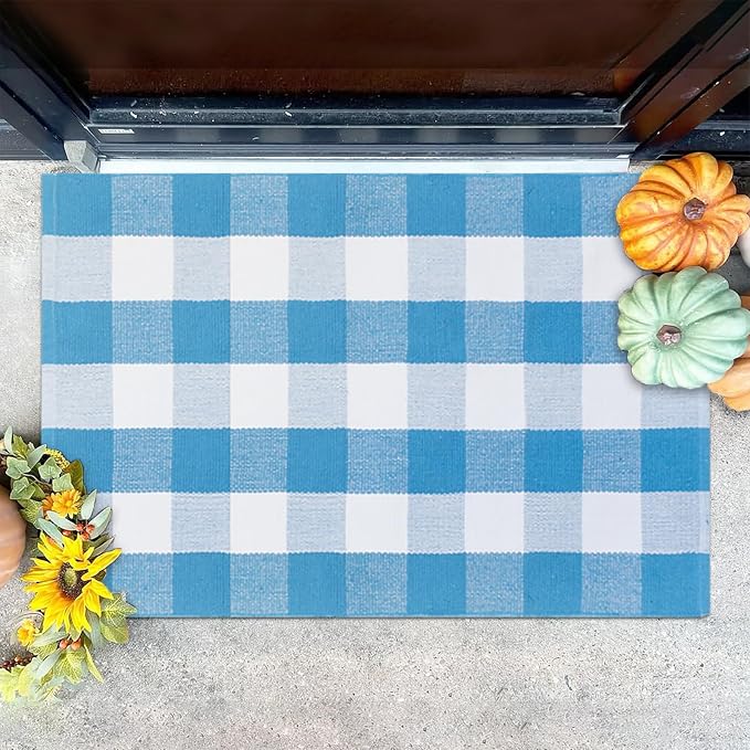 Spring Rugs Blue and White Plaid, 28” x 43” Area Rug Outdoor Indoor Summer Front Porch Doormat Cotton Hand-Woven Layered Door Mats for Entryway Patio Entryway Laundry Bedroom