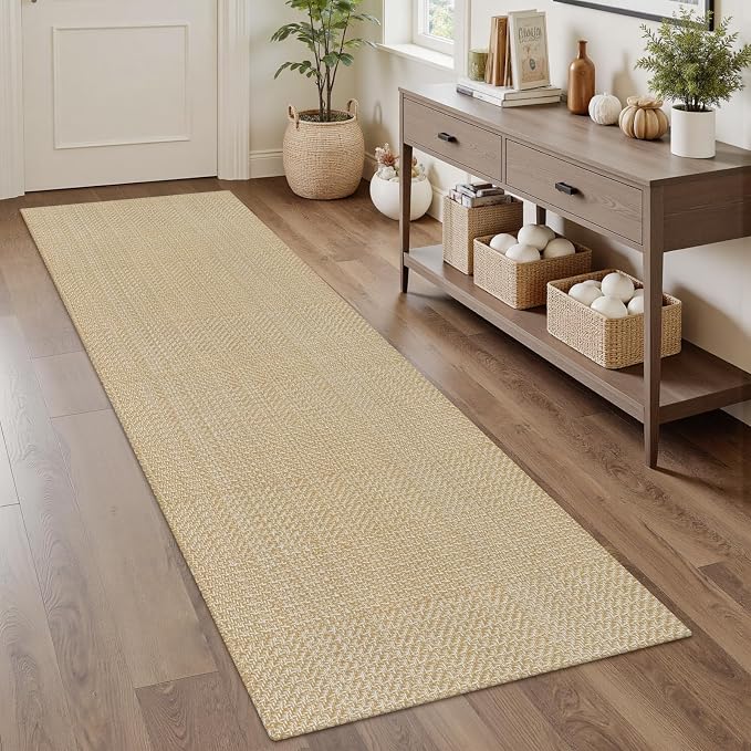 Rugalia Washable Woven Indoor Outdoor Runner Rug 2x6, Natural Beige Cotton Rug Runners for Hallway Non-Slip Long Kitchen Mat, Modern Neutral Throw Runner Carpet for Entryway Porch Patio