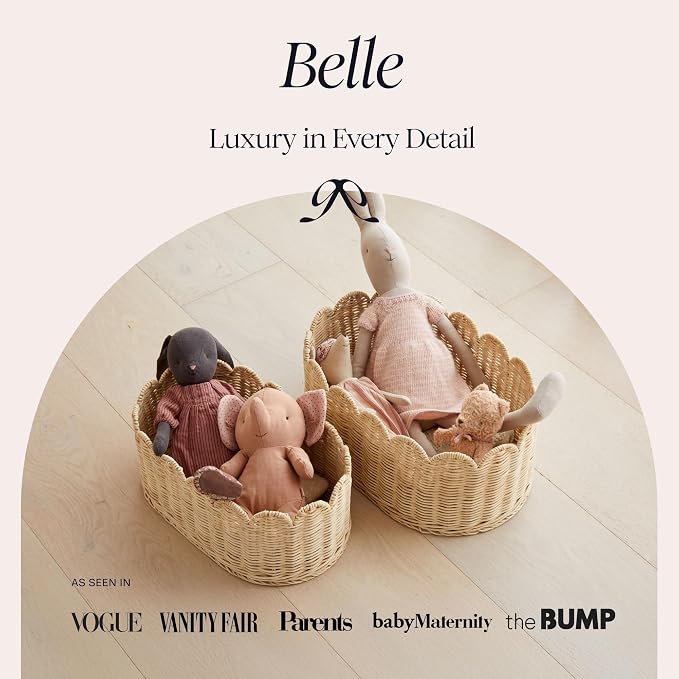 BEBE BASK Premium Scalloped Basket Set Of 2 - Scallop Basket - 16 x 10 x 7 Inch - Hand-Woven Elegant Wicker With Scalloped Edge - Nursery Storage (Natural)