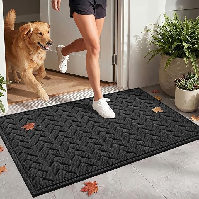 DEXI Front Door Mat Outside Entrance, 17x30 Heavy Duty Entry Doormat Dirt Trapper with Rubber Back, Non Slip Low Profile Floor Mats for Entryway Exterior Patio, Wave Charcoal