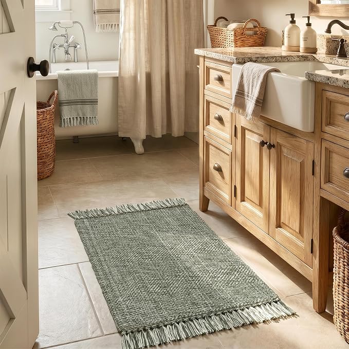 Collive Boho Bathroom Rug 2' x 3', Modern Farmhouse Rugs for Entryway Sage Green Washable Kitchen Mat, Hand-Woven Low Profile Front Door Mat Reversible Porch Carpet for Laundry Bedroom Decor