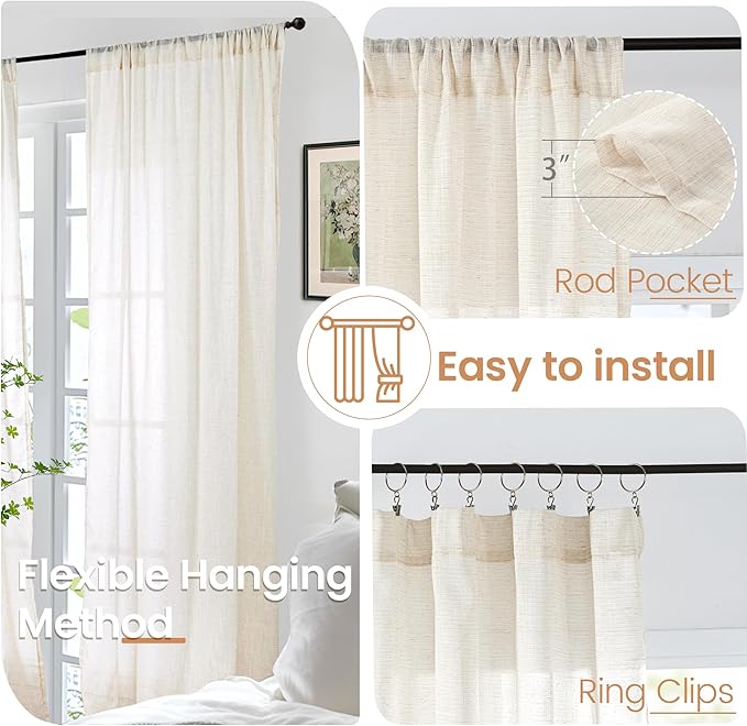 BGment Beige Semi Sheer Linen Curtains 45 Inch Length for Short Kitchen Window - Cream Textured Drapes Light Filtering with Rod Pocket Lightweight for Bathroom, 2 Panels, Each Panel 42 Inch Wide