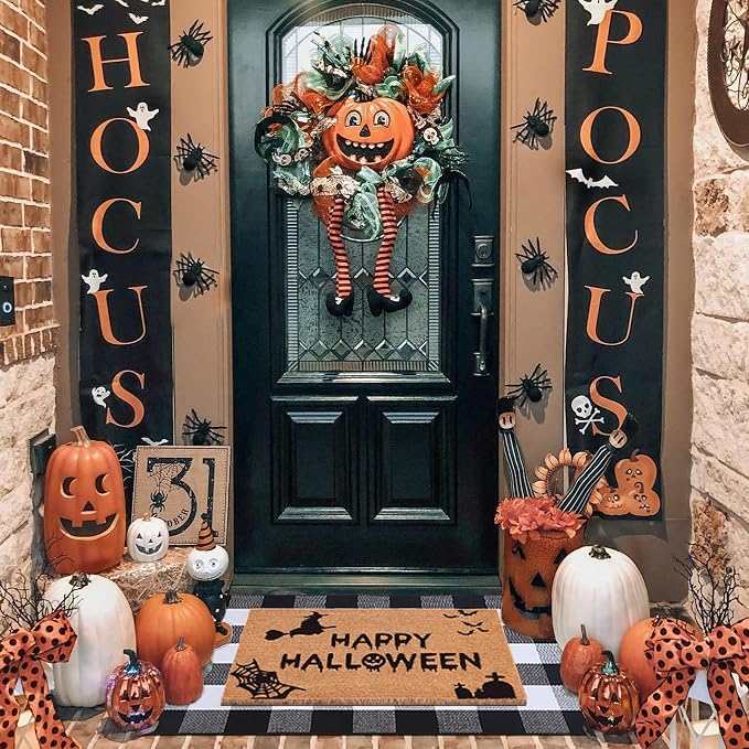 Homydecor Halloween Decor Doormat Combo Set, 100 Percent Coco Coir Welcome Mat + 28X43 Inches Black and White Plaid Rug - Halloween Front Porch Entryway Decor Floor Mat, Outdoor Mats Happy Halloween
