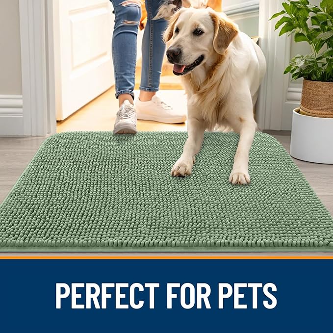 OLANLY Dog Door Mat for Muddy Paws 34x21, Absorbs Moisture and Dirt, Absorbent Non-Slip Washable Doormat, Quick Dry Chenille Mud Mat, Entry Indoor Entryway Carpet for Inside Floor, Olive Green