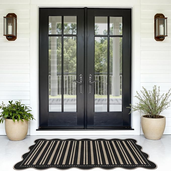 Striped Easy Jute Outdoor Patio Rug, 3x5 Washable Rugs for Entryway Indoor Outdoor Living Room Area Rug, Farmhouse Non Slip Black Carpet for Backyard Bedroom Porch