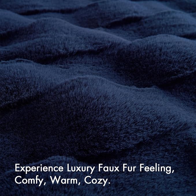 Madison Park Vivienne Faux Fur Throw Blanket Velvet, 50 x 60, Navy | All Season, Cozy Warmth for Sofa or Bed, Reversible, Lightweight, OEKO-TEX Certified