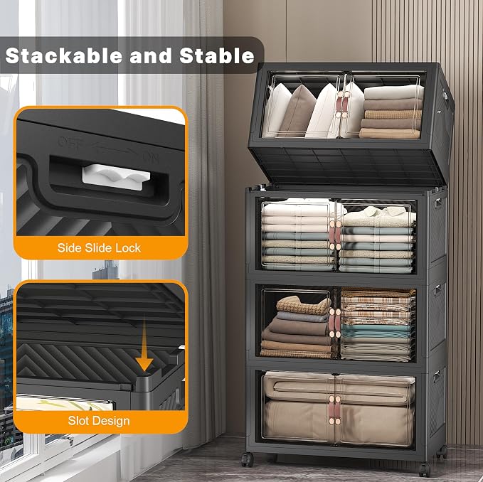 UAMFURI Stackable Storage Bins, 480QT Collapsible Drawers with 1 Lid | Large Capacity, Magnetic Door, Stack Lock, Rolling Wheels, Foldable Design, Organizers and Storage for Bedroom Dorm Garage
