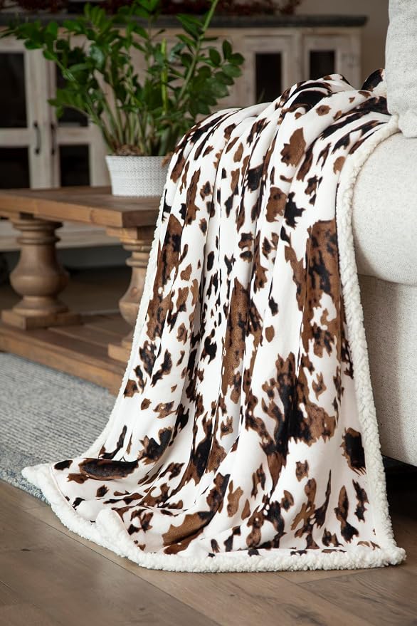 Carstens, Inc. Wrangler Ultra Premium Super Soft Plush Sherpa Fleece Oversized Throw Blanket 54" x 68", Tri-Color Cowhide
