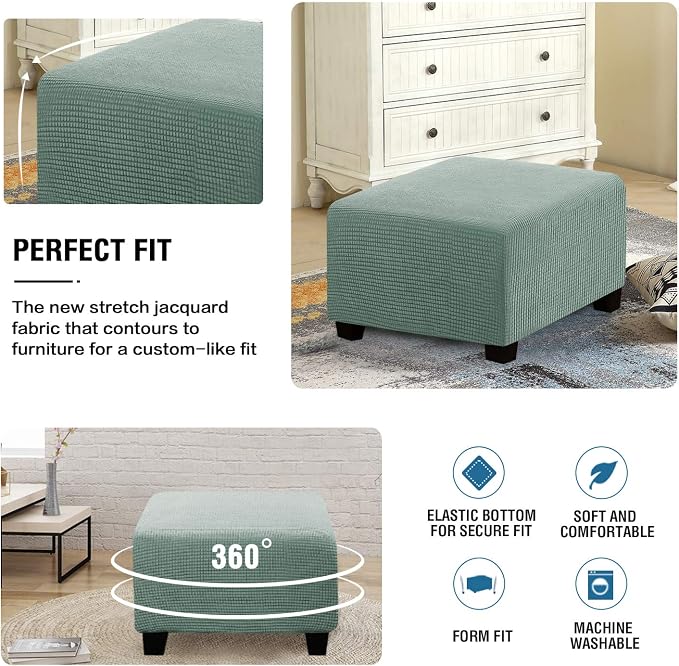 H.VERSAILTEX Square Ottoman Covers Ottoman Slipcovers Folding Storage Stool Furniture Protector Form Fit with Elastic Bottom, Stretch High Spandex Small Checks Jacquard Fabric(Large,Sage)