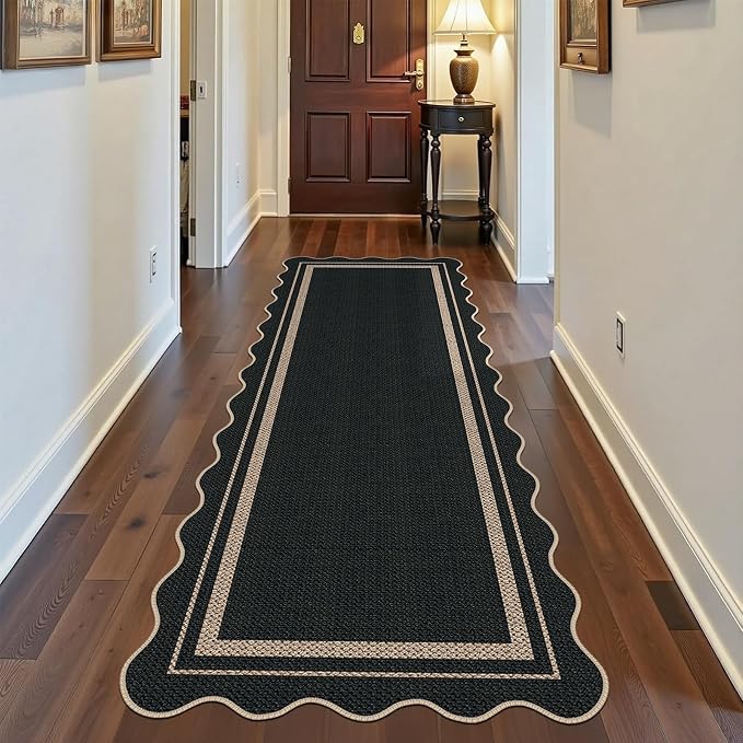 Easy Jute Runner Rug 2x6, Black Indoor Outdoor Carpet, Washable Non-Slip Floor Mat for Entryway Hallway Kitchen Porch