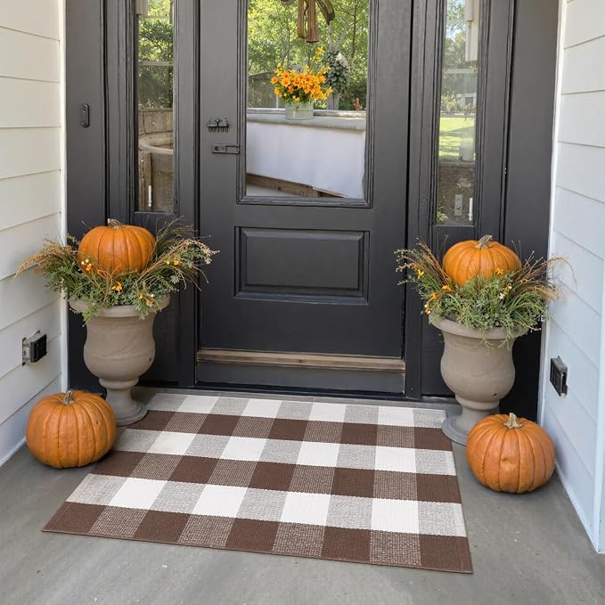 KIMODE Fall Decor Door Mat Buffalo Plaid Outdoor Mat 24"x35" Farmhouse Brown Checkered Rug Fall Thanksgiving Front Porch Rug Decor Washable Layered Door Mats Outdoor Autumn Mats